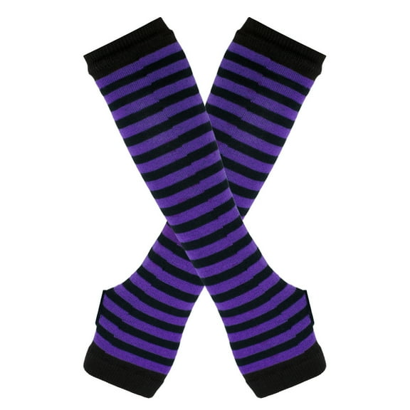 Zhuge Women's Winter Knitted Striped Arm Warmers, Long Fingerless Gloves for Punk Rock, Goth & Christmas Party, Black Dark Purple