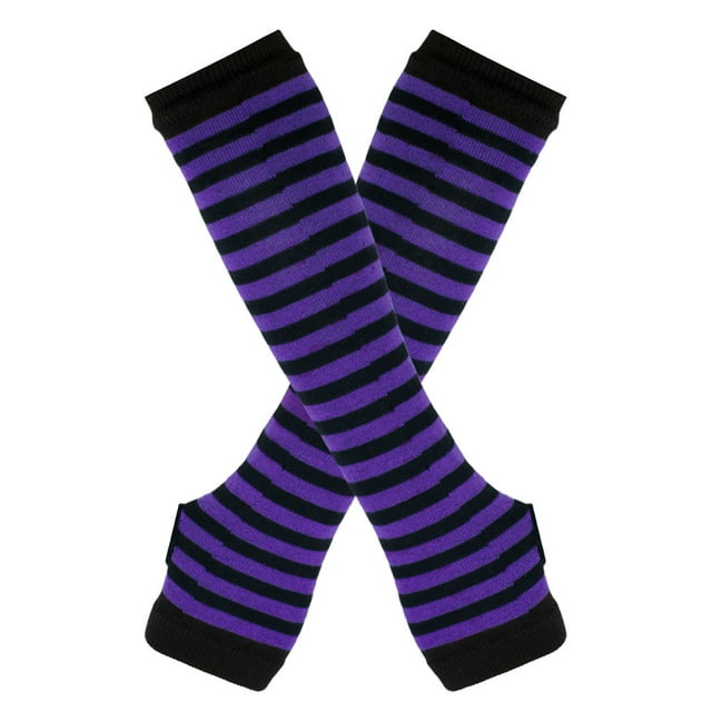 Zhuge Guantes largos sin dedos a rayas para mujer, calentadores de brazos tejidos de invierno para punk rock, cosplay, gótico y fiestas navideñas, color negro y morado oscuro