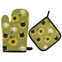 Yayeee Oven Mitts and Pot Holder Set of 4 Heat Resistant Kitchen Gloves Baking Hot Pad, Sunflower Cat Pattern