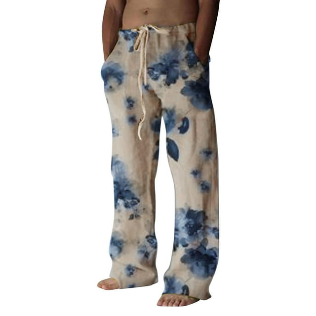 WEAIXIMIUNG Pantalons pour Hommes Décontractés Mode Imprimée en Lin avec Poches et Lacets Grande Taille