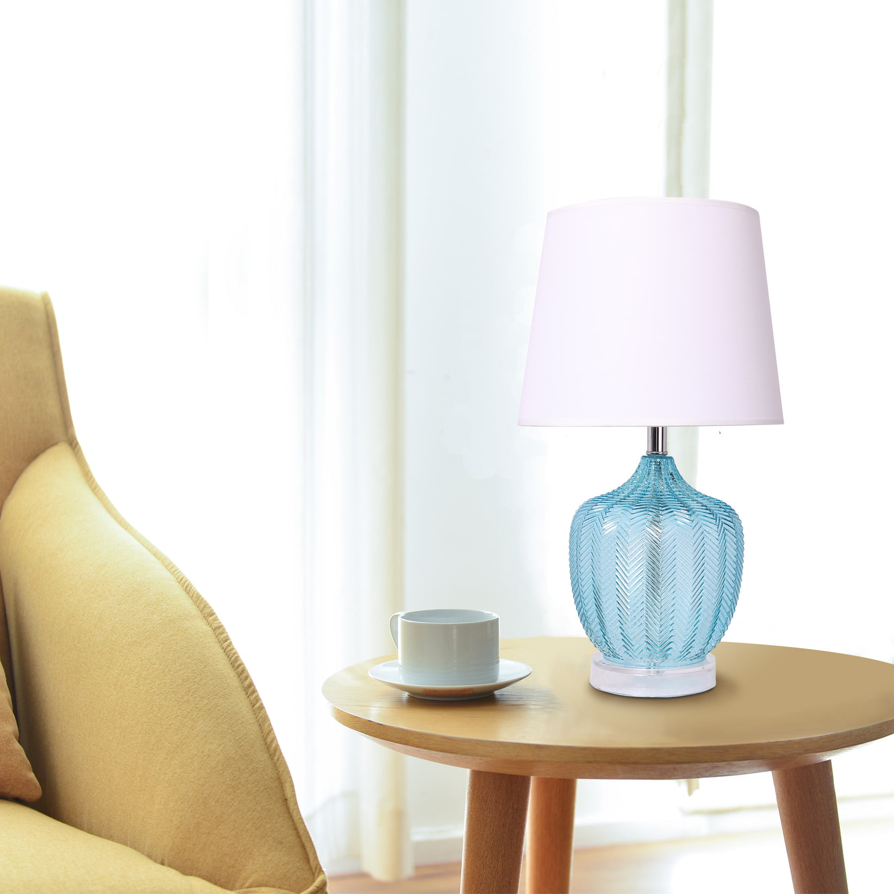 Modern Table Lamp with Blue Glass Base,Qua Blue, Translucent Glass with