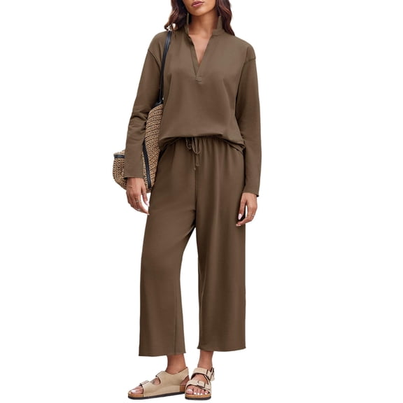 Women Long Sleeved 2 Piece Outfits Sweatsuit V-neck Casual Knit Tops & Pants