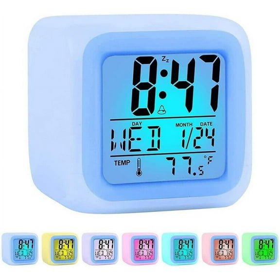 Digital Alarm Clock for Bedroom, 3 Inch Cubic Clock with Snooze, 7 Color Nightlight, Date Display, Temperature Detect, 12/24H, Battery Operated, Easy to Set, Digital Calendar Alarm Clock