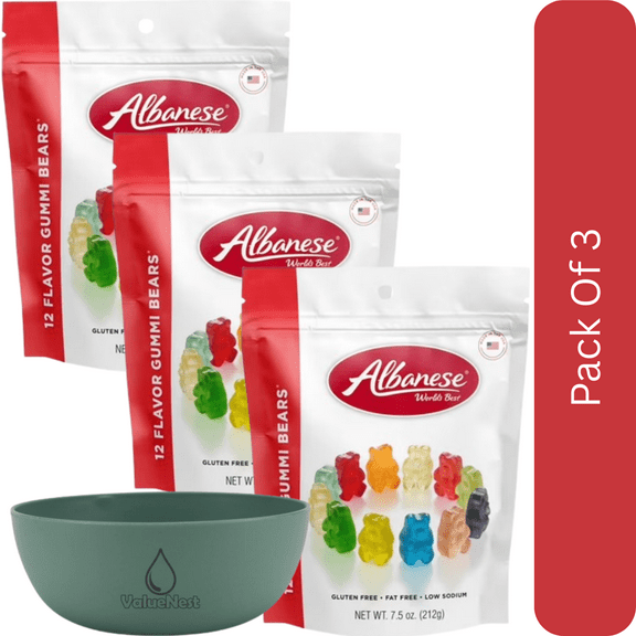 Albanese World’s Best 12 Flavor Gummi Bears, 7.5 oz Regular Size Easter Basket Stuffer-3pk, With Olive Green Bowl By ValueNest