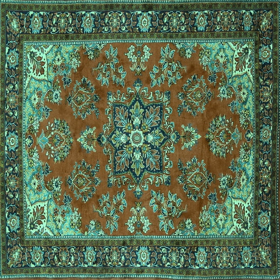 Ahgly Company Indoor Square Medallion Turquoise Blue Traditional Area Rugs, 8' Square