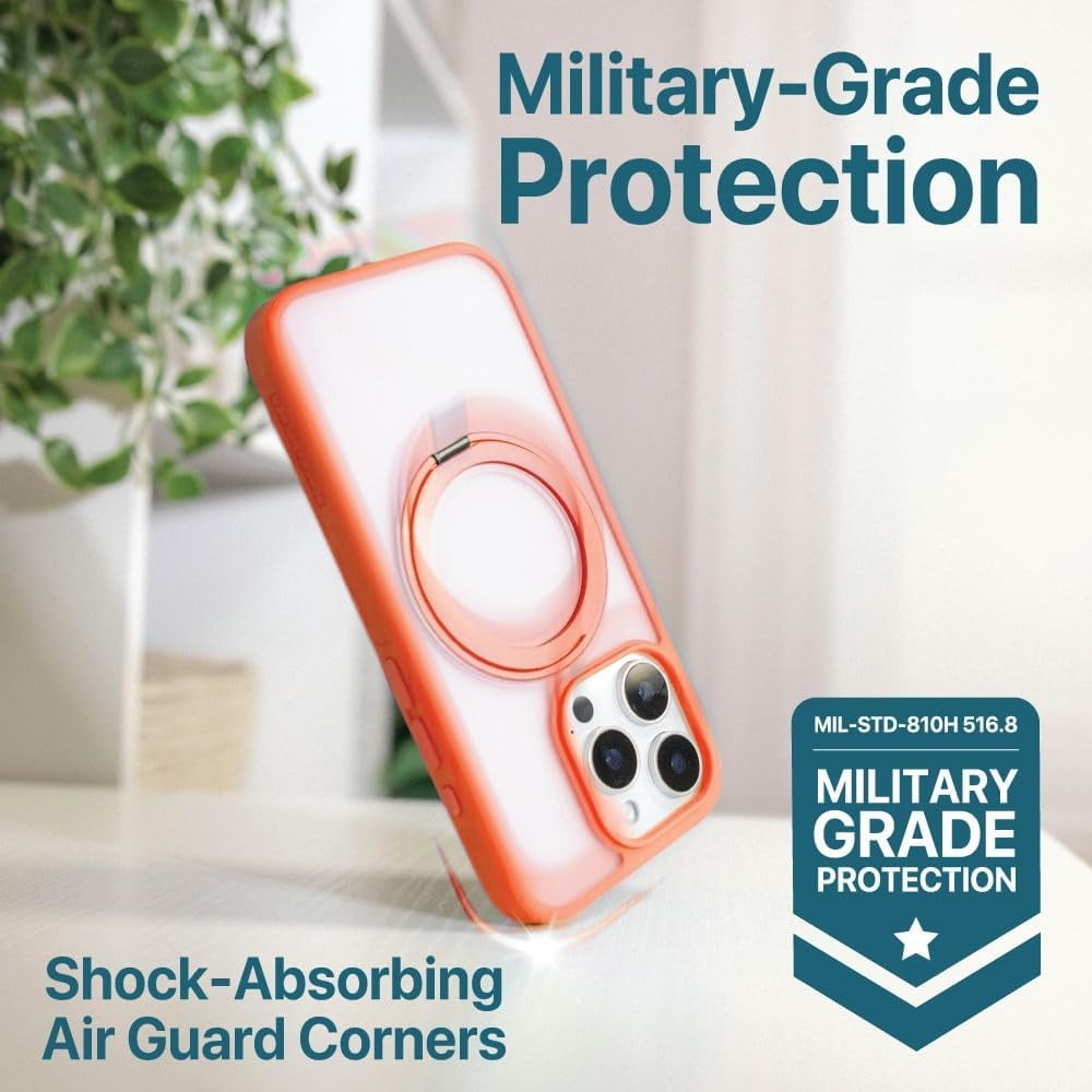 BLACK+DECKER 360°Spin Magnetic Stand for iPhone 16 Pro Case, Compatible with MagSafe Protective Stylish for iPhone 16 Pro Case for Women, Ostand Kickstand Rotatable, Lanyard, Extra Buttons, Coral