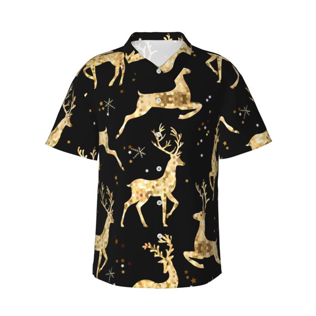 Balery Christmas Gold Deers Camisas hawaianas de manga corta para hombre, camisas playeras de corte holgado, camisas de vacaciones con botones,X-Large
