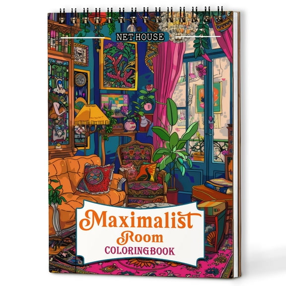 NETHOUSE Maximalist Room Spiral Coloring Book for Adults, A5 Wooden Cover, 30 Elegant Coloring Pages of Bold Eclectic Interiors, Ornate Patterns, Vibrant Maximalist Design, Lavish Room Decor
