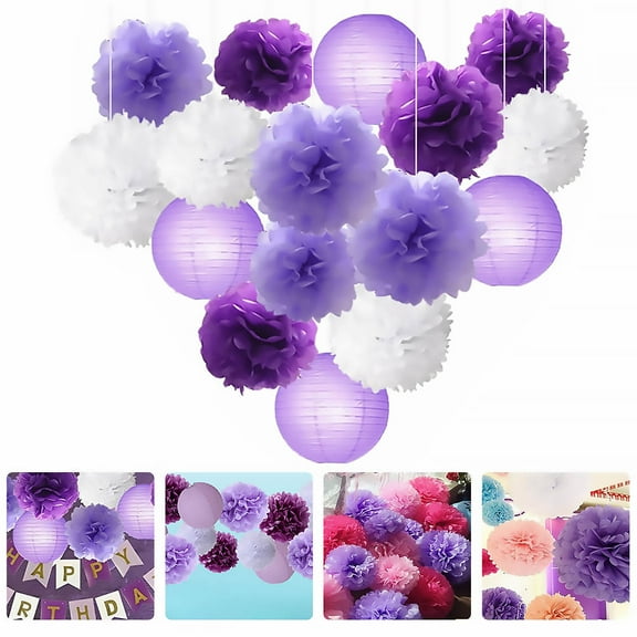 Raindrops 15Pack Paper Pom Pom Balls for Festive Decorations Wedding Party Hangings Purple White Simple Round