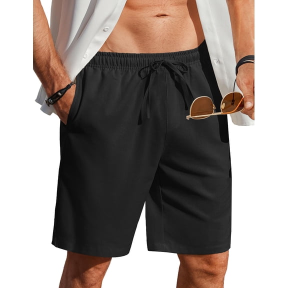 COOFANDY Men's Black Linen Shorts Casual Summer Beach Shorts Lightweight Cotton Flat Front Short 9 inch Inseam