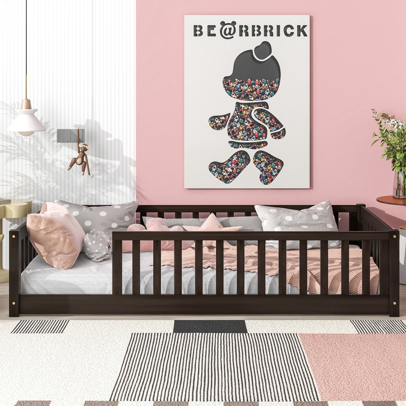 Twin Size Floor Bed for Toddlers and Kids, Solid Wood Montessori Floor Bed with Safety Fence Rail without Door, Durable Montessori Bed Frame with Sturdy Slats Support for Boys and Girls, Espresso