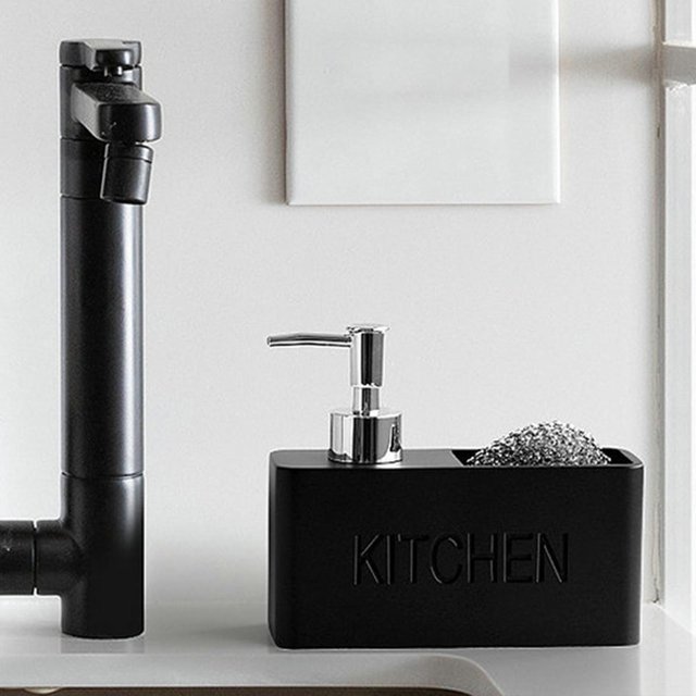 Fregadero de cocina Encimera Dispensador de jabón para manos Bomba Botella Organizador Titular con almacenamiento para cocina, Sostiene p , Negro Macarena Dispensador de jabón líquido