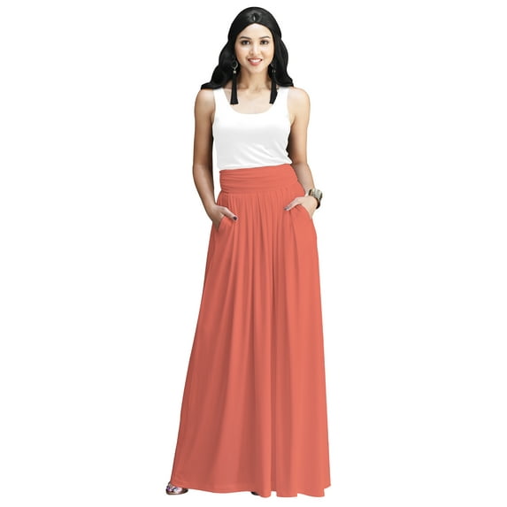 KOH KOH Long Flowy Cute Modest High Empire Waist Full Floor Length Pockets Casual Semi Formal Vintage Work Office Workwear Maxi Skirt For Women Coral Pink Peach XXX-Large US 22-24 NT325