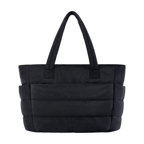 Generic Quilted Puffer Tote Bag for Women, Lightweight Water-Resistant Polyester Shoulder Handbag with Zip Top and Multiple Pockets, Black, 16.1 in