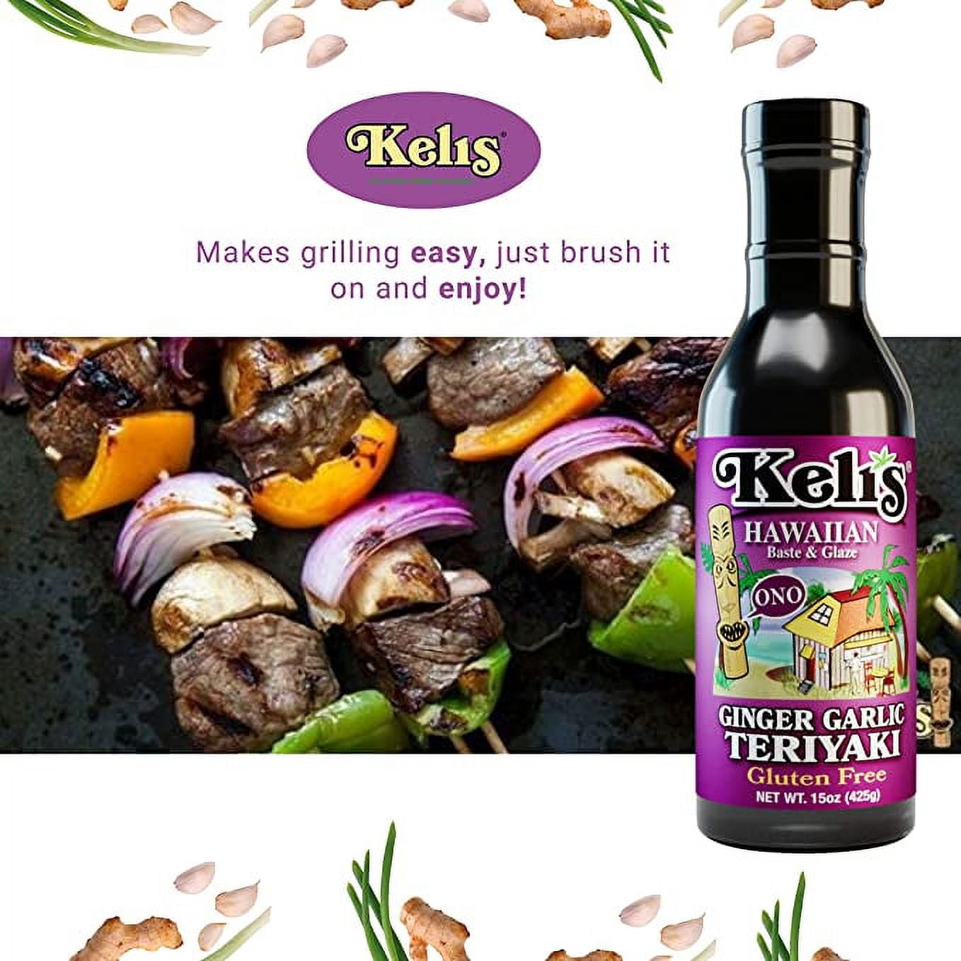 Keli's Sauces Low Sodium Ginger-Garlic Vegan & Gluten Free Kid Friendly Teriyaki Sauce, Flavorful Hawaiian Teriyaki Glaze and BBQ Sauce- Made with Gluten Free Soy Sauce -15 oz (Pack of 2)
