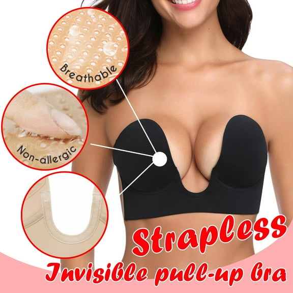 APEXFWDT Plunge Sticky Bra Push Up,Invisible Adhesive Bras,Deep V Strapless No Show Bra Reusable for Wedding Dress ,Sticky Bra for Women Invisible Lifting Bra
