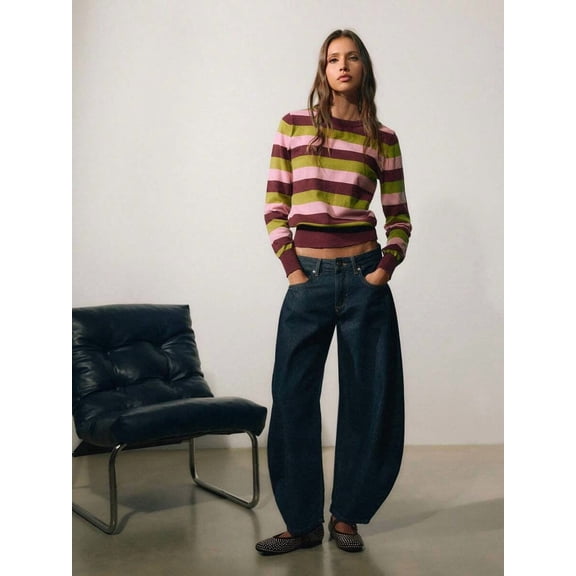 Women's Horizontal Striped Knit Sweater Crew Neck Drop Shoulder Long Sleeve Loose Fit Ribbed Cuffs Hem Pullover for Fall Winter Layering Office Commute Daily Outfits