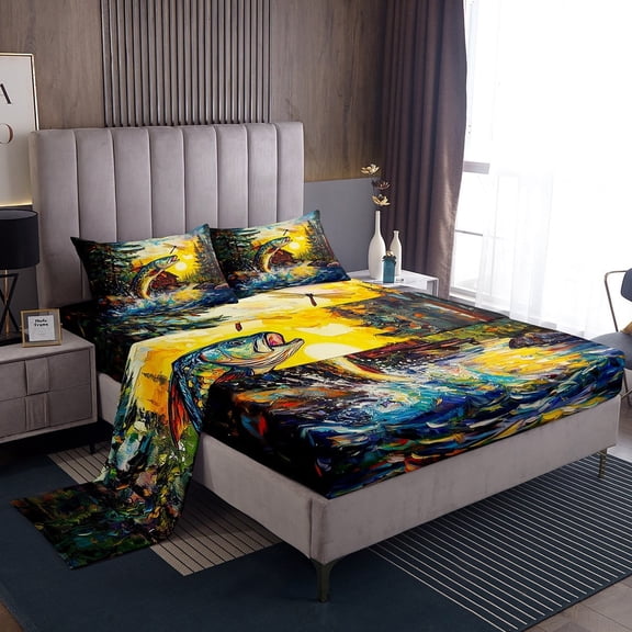 Erosebridal Pike Fish Sheet Set Twin,Lake House Bedding Sets Twin Size,Lodge Cabin Twin Sheet Sets,Ultra Soft Rustic Room Decoration,3pcs