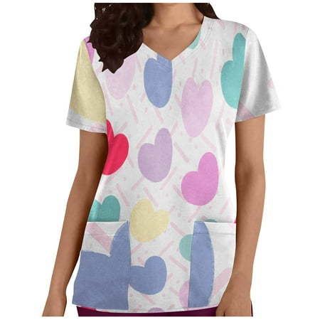 

CYMMPU Women s V-Neck Pocketed Scrub_Tops Nurse Workwear Uniform Clearance Going out Tops Summer Tees Short Sleeve Shirts Trendy Valentine s Day Tunic Love Heart Printed Fashion Tshirts Light Blue S