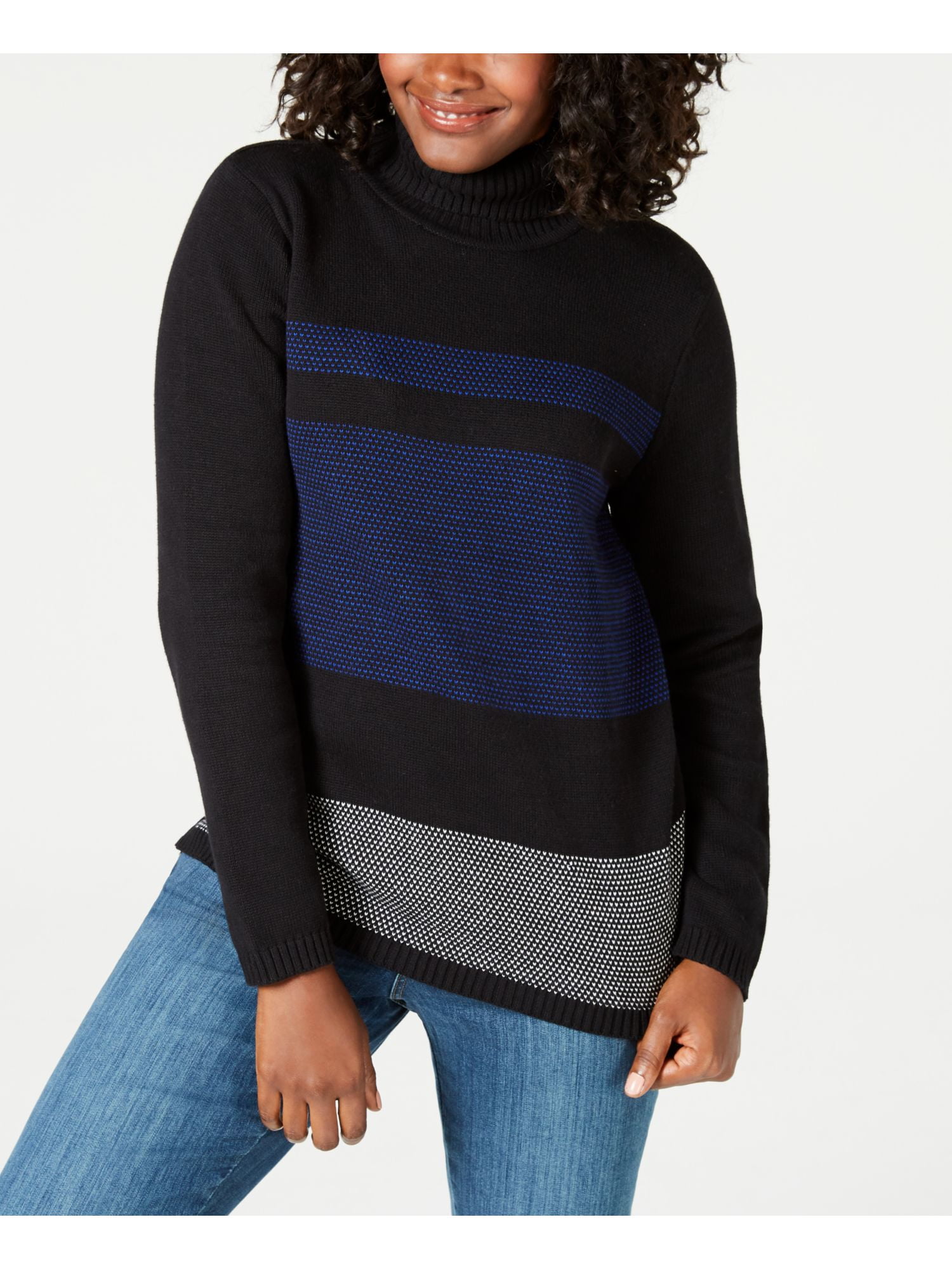 KAREN SCOTT Womens Blue Color Block Long Sleeve Turtle Neck Sweater  Size XS
