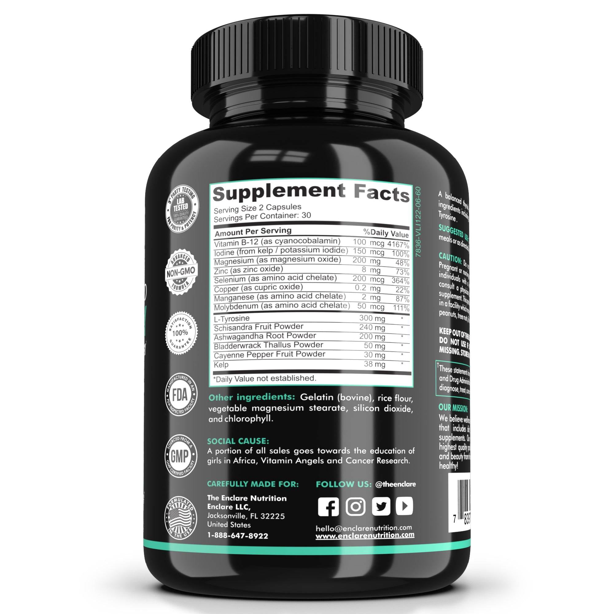 The Enclare Nutrition Harmony Thyroid Support Supplement with Iodine and Vitamin B12, Ashwagandha, Hormone Balance Thyroid Capsules for Women and Men, 60 Ct