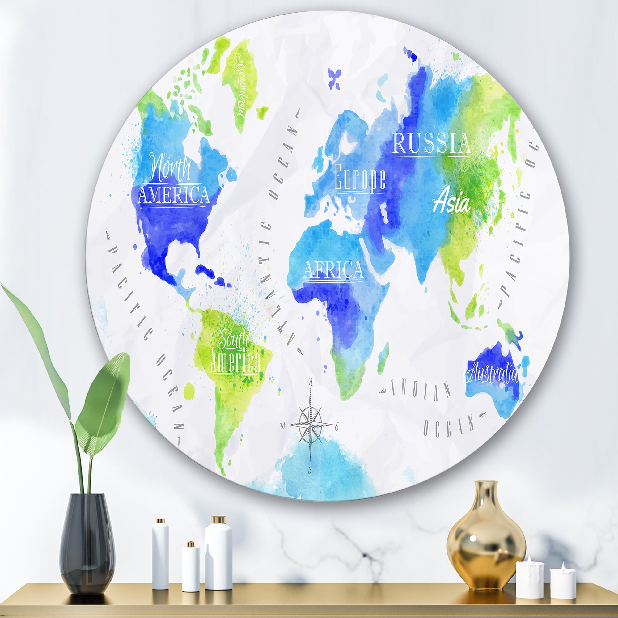 Designart 'World Map In Blue and Green' Modern Circle Metal Wall Art 36x36 - Disc of 36
