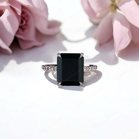 SHREENATHJEWELRY 8x6MM / 2CT Natural Onyx Engagement Ring CZ Diamond Proposal Wedding Ring Black Gemstone Alternative Fine Jewelry Gift For Her