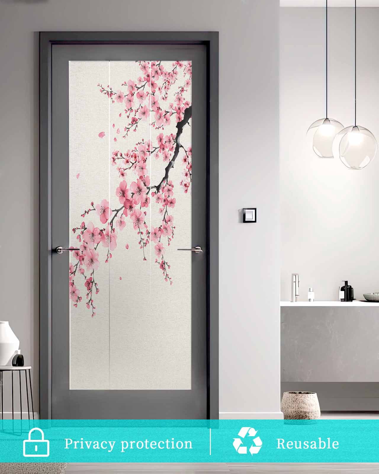 Window Privacy Film Cherry Blossoms Stained Glass Window Film Decorative Sun Block Window Cover Pink Flower Floral Spring Nature Country Window Clings Static Adhesive Sticker for Bathroom 29.5"x78.7"