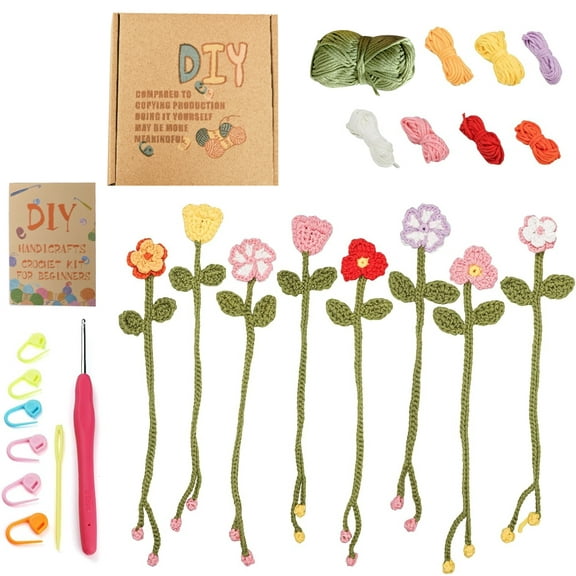 Genreen Crochet Kit for Beginners - 8 Flower Bookmarks Knitting Kit ，DIY Art Craft Kit for Adults , Birthday Gifts for Women Girls Teen