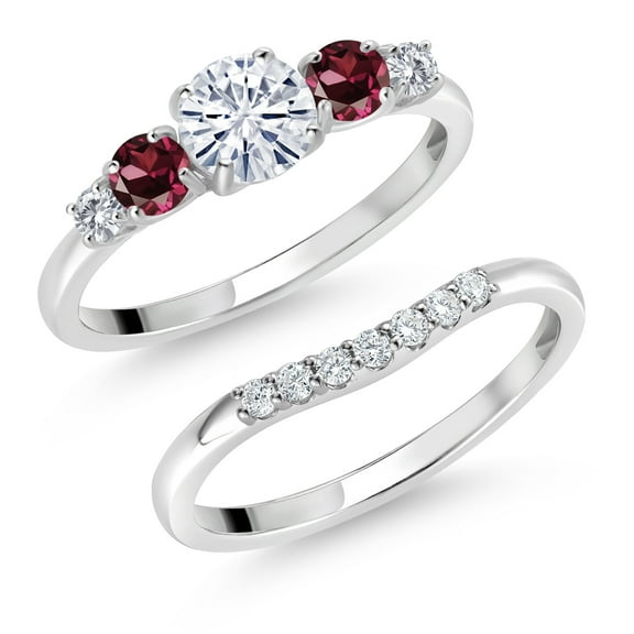 Gem Stone King 10K White Gold White Moissanite Red Rhodolite Garnet and White Lab Grown Diamond 5 Stone Bridal Engagement Wedding Ring Set for Women (0.85 Cttw, Round: 5MM and 3MM, Size 8)