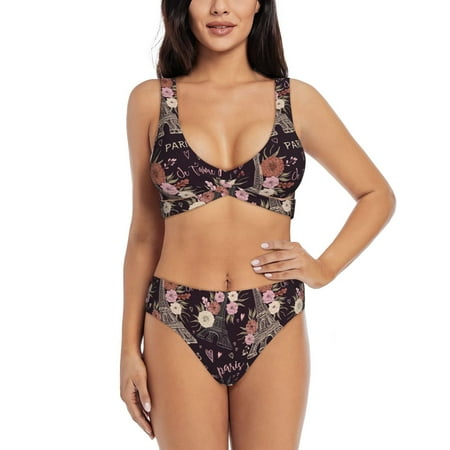 Zeuib Romantic Paris High Waisted Tummy Control Bikini Set - Knot Front Push Up Top & Cheeky Thong Bottom  Two-Piece Swimsuit for Women-Medium