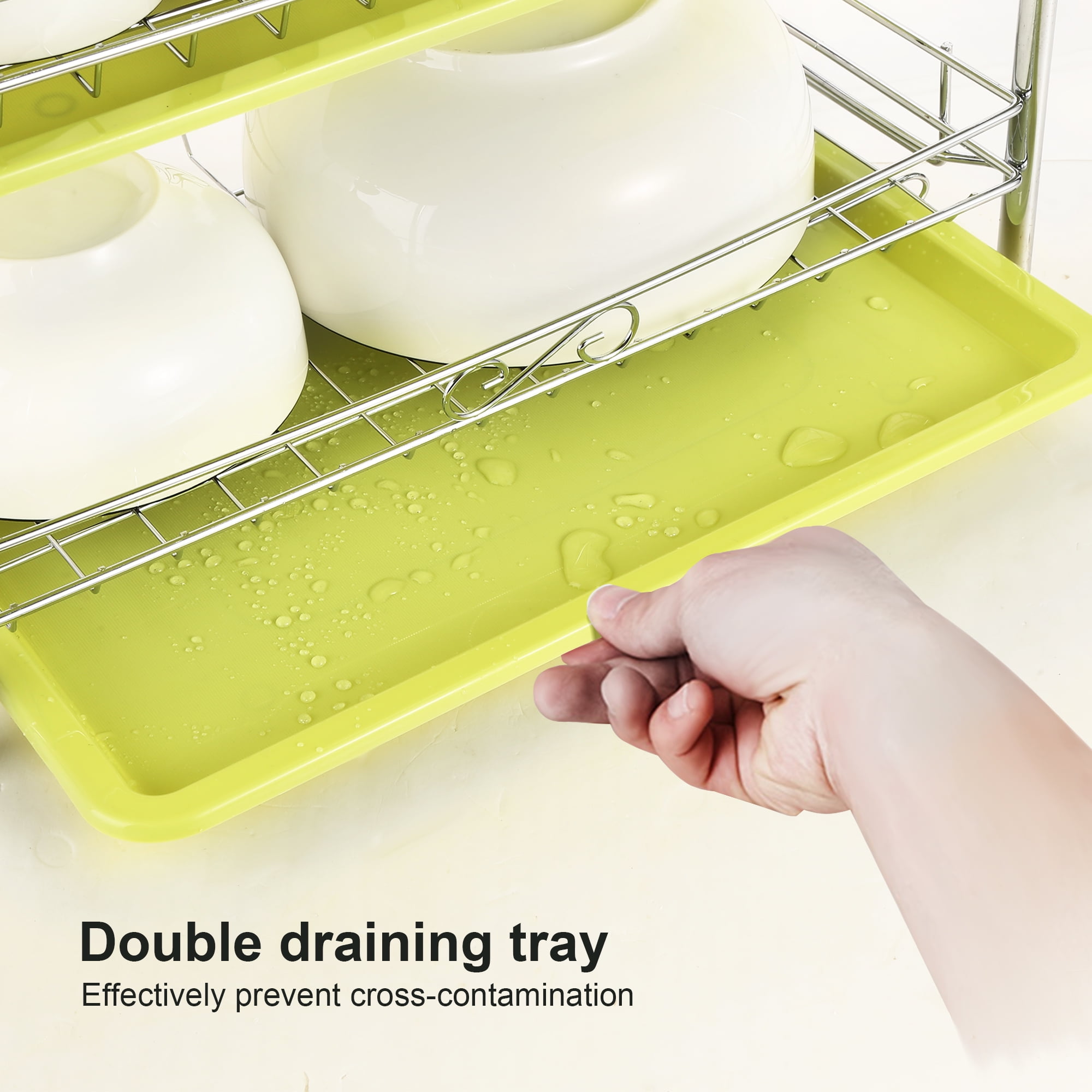 Odoland 2 Tiers Dish Drying Rack 2 Tier Chrome Dish Drainer Rack Kitchen Storage with Draining Board and Cutlery Cup 16.53 x 9.0