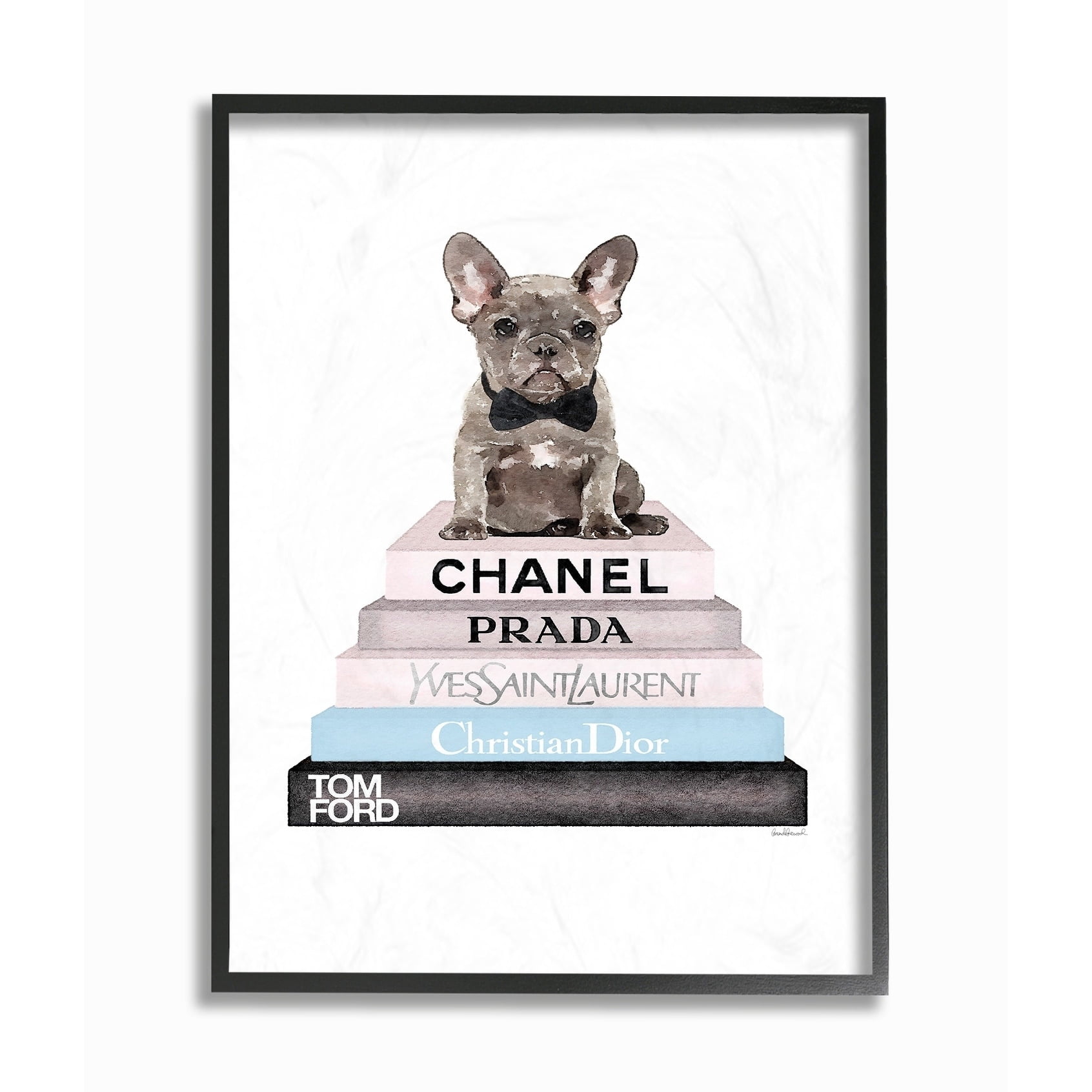 The Stupell Home Decor Grey Blue and Black Fashion Bookstack with Grey Frenchie Puppy Framed Texturized Art