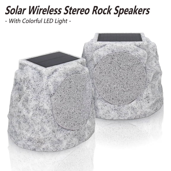 Postlucky 2 Pack Outdoor Solar Rock Speakers, Bluetooth, TWS Pairing, RGB LED Flashing, USB Charging, Waterproof, 7.3" Gray