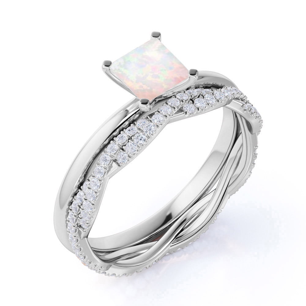 JeenMata 1.75 ct Genuine Princess Cut Opal and Moissanite Bridal Ring Set in 18K White Gold over Silver
