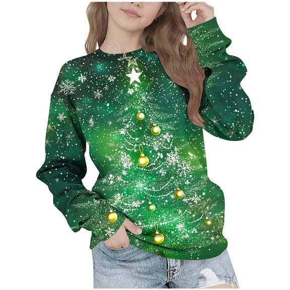Lorytime Sweatshirts for Girls with Bows Boys Christmas Tree Star Shirt Crew Neck Long Sleeve Pullover Festive Tops Green