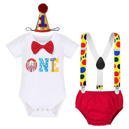 IBTOM CASTLE Baby Boys Circus Watermelon First Birthday Outfit Bowtie Romper + Diaper Cover Pants + Suspenders + Headband Clothes Set for Cake Smash Photo Prop 4-Piece