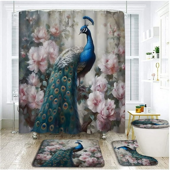 4 Piece Peacock Shower Curtain Set with Rugs, Toilet Lid Cover ,Retro Blue Bird Feather Tail Elegant Animal Blooming Peony Flower Plant Classic Vintage Asian Art Bathroom Shower Curtain with Hooks