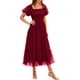 thumbnail image 1 of Vestido PRETTYGARDEN de tul midi fruncido para mujer, color rojo vino, 1 of 8