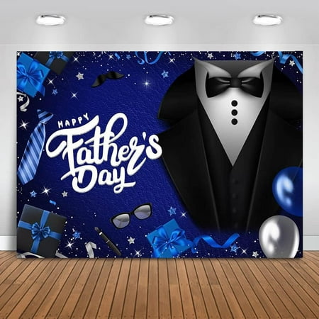 Image of Happy Father s Day Backdrop Blue Silver Glitter Father s Day Background Black Tuxedo Suit I Love Dad Thank You Event Party Decoration Photo Booth Props (7x5ft)