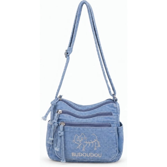 Sunyuer Women Vintage Washed Denim Mini Crossbody Bag, Cute Cat Embroidery Multi Zipper Pockets Casual Jean Shoulder Purse, Adjustable Strap Lightweight Trendy Daily Messenger Bag