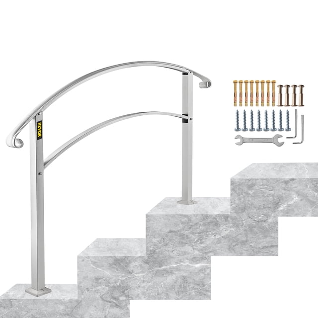 VEVOR Handrail Stair Railing 3-Step Handrail Fits 1 or 3 Steps Matte White Stair Rail Wrought Iron Handrail with Installation Kit Hand Rails for Outdoor Steps