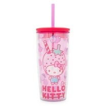 Sanrio Hello Kitty Strawberries Plastic Tumbler With Leak-Resistant Lid and Reusable Straw Double-Walled Travel Cup For Drinks Holds 20 ounces