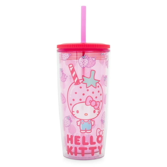 Sanrio Hello Kitty Strawberries Plastic Tumbler With Leak-Resistant Lid and Reusable Straw Double-Walled Travel Cup For Drinks Holds 20 ounces