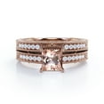 thumbnail image 4 of JeenMata Milgrain Edge Design 1.5 Carat Princess Cut Pinky Peach created morganite and Moissanite 4-Prong Pave Edwardian Bridal Set in 18K Rose Gold Plating over Silver, 4 of 6