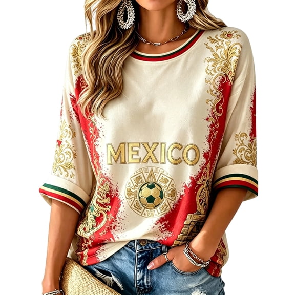 Fgvctg Mexico Soccer Jersey Women Country Flag Eagle Soccer Graphic Crewneck T-Shirt, Vintage Football Game Day Casual Loose Short Sleeve Tops for Sports Fans Beige M