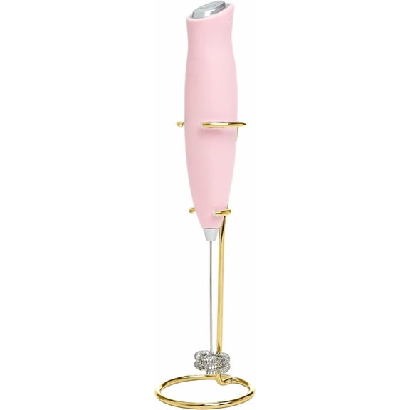 Electric Handheld Milk Frother with Double Coil Head Whisk and Gold Metal Stand, Battery Powered (2 AA Batteries Required but Not Included), Pink