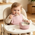 thumbnail image 2 of Guodhu Stainless Steel Plate with Suction Base Feeding Set Silicone Bowl Bib Fork Spoon Non Slip Utensils Pink(Pink), 2 of 6