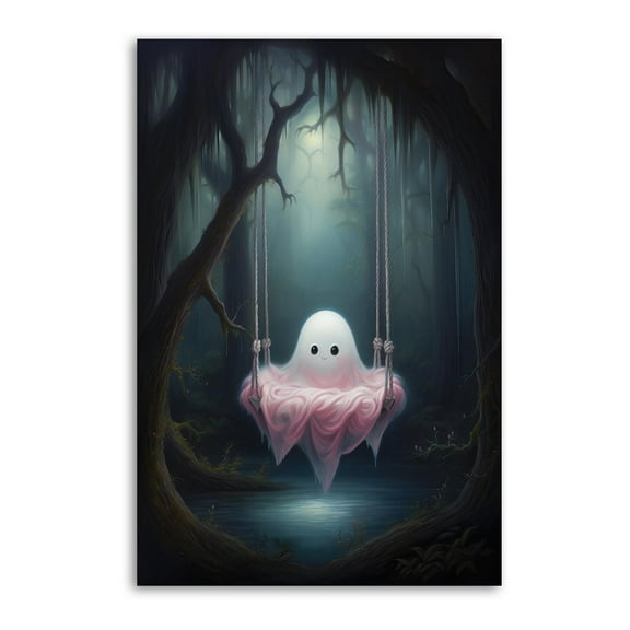 Pink Cute Ghost on The Swing Gifts Canvas Painting Poster Wall Art Decorative Picture Prints Modern Decor 24x36inch(60x90cm)