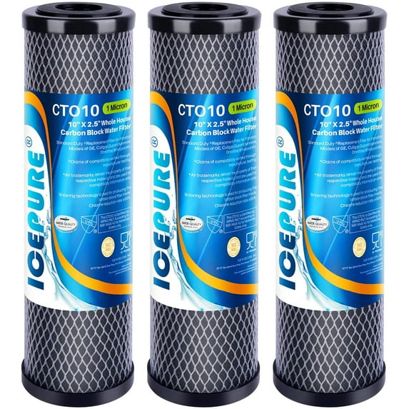 ICEPURE 1 Micron 2.5" x 10" Whole House CTO Carbon Sediment Water Filter Cartridge Compatible with DuPont WFPFC8002, WFPFC9001, SCWH-5, WHCF-WHWC, WHCF-WHWC, FXWTC, CBC-10, RO Unit, Pack of 3